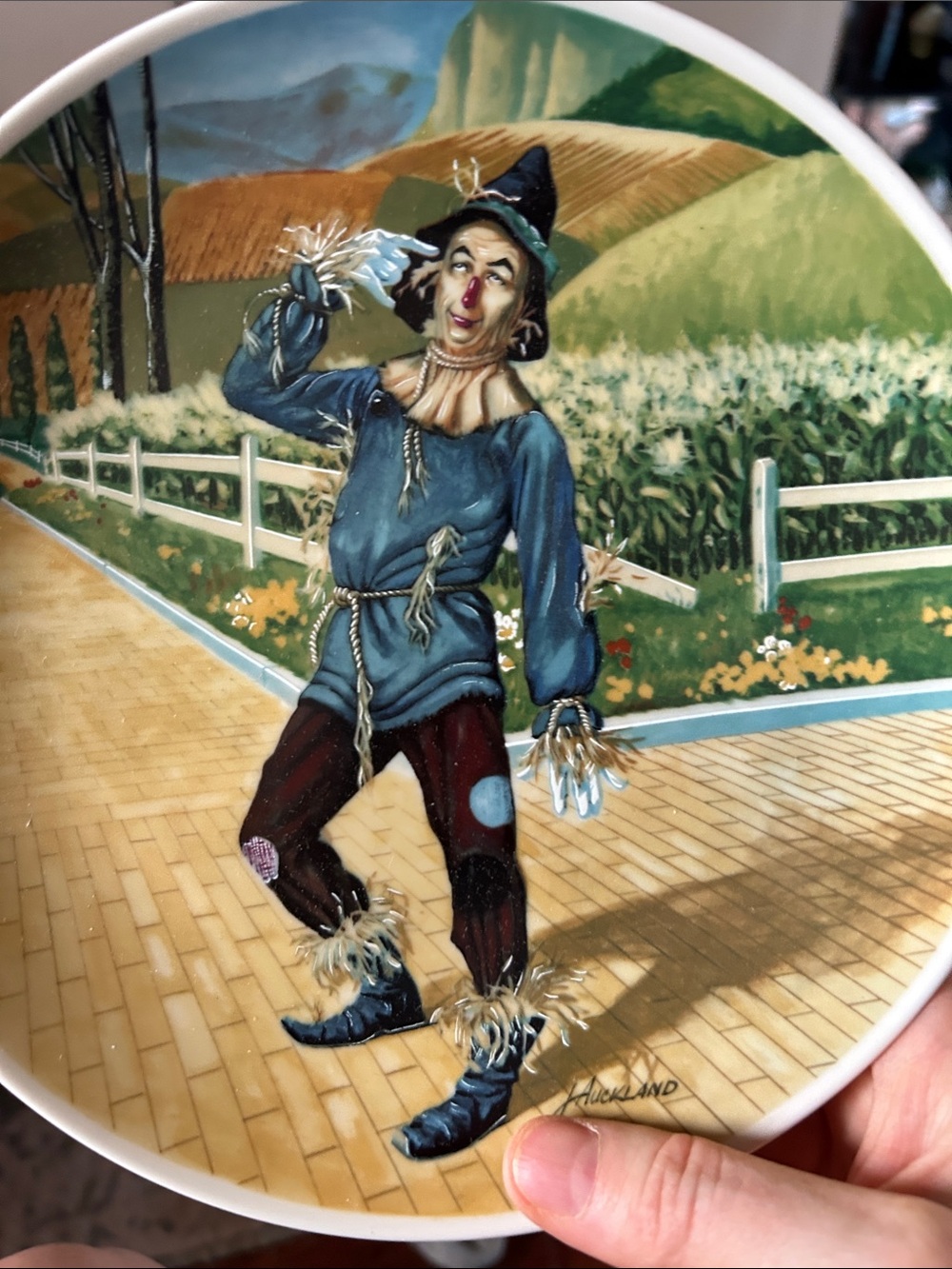 Hand-Painted Scarecrow Decorative Plate in Blue and Brown